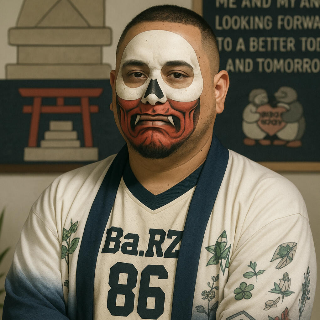 Stylized picture of the culmination of the personas that help craft Barrio Conscious Spiritualism into the energy for performing live or camera. The Ronin-Bandido is wearing Ba.Rz 86 trademark half Calavera eyemask and Half Oni Jaw mask.